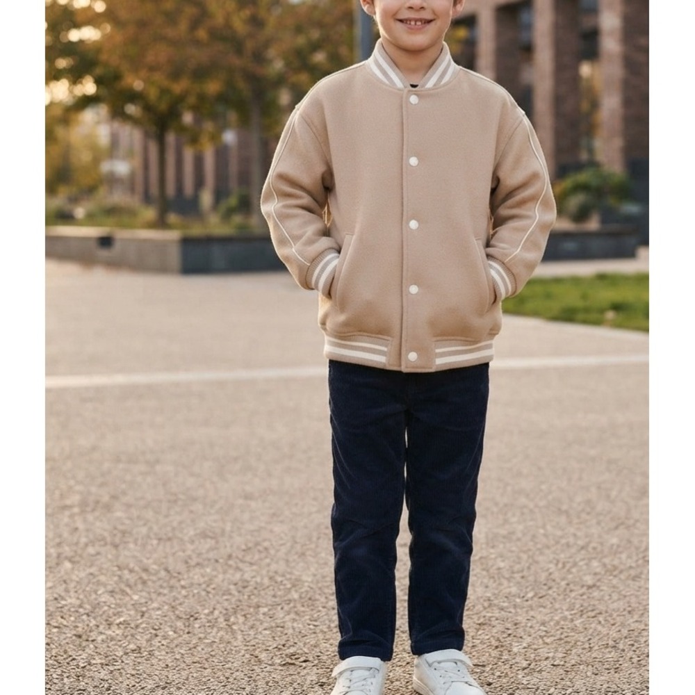 Forever 21 Kids Beige Varsity Jacket Tan Snap Button Quilted Lined Size 13/14
